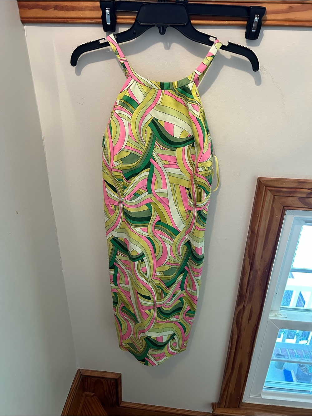 Y2K Sleeveless Halter Midi Dress in Pink & Green Swirl